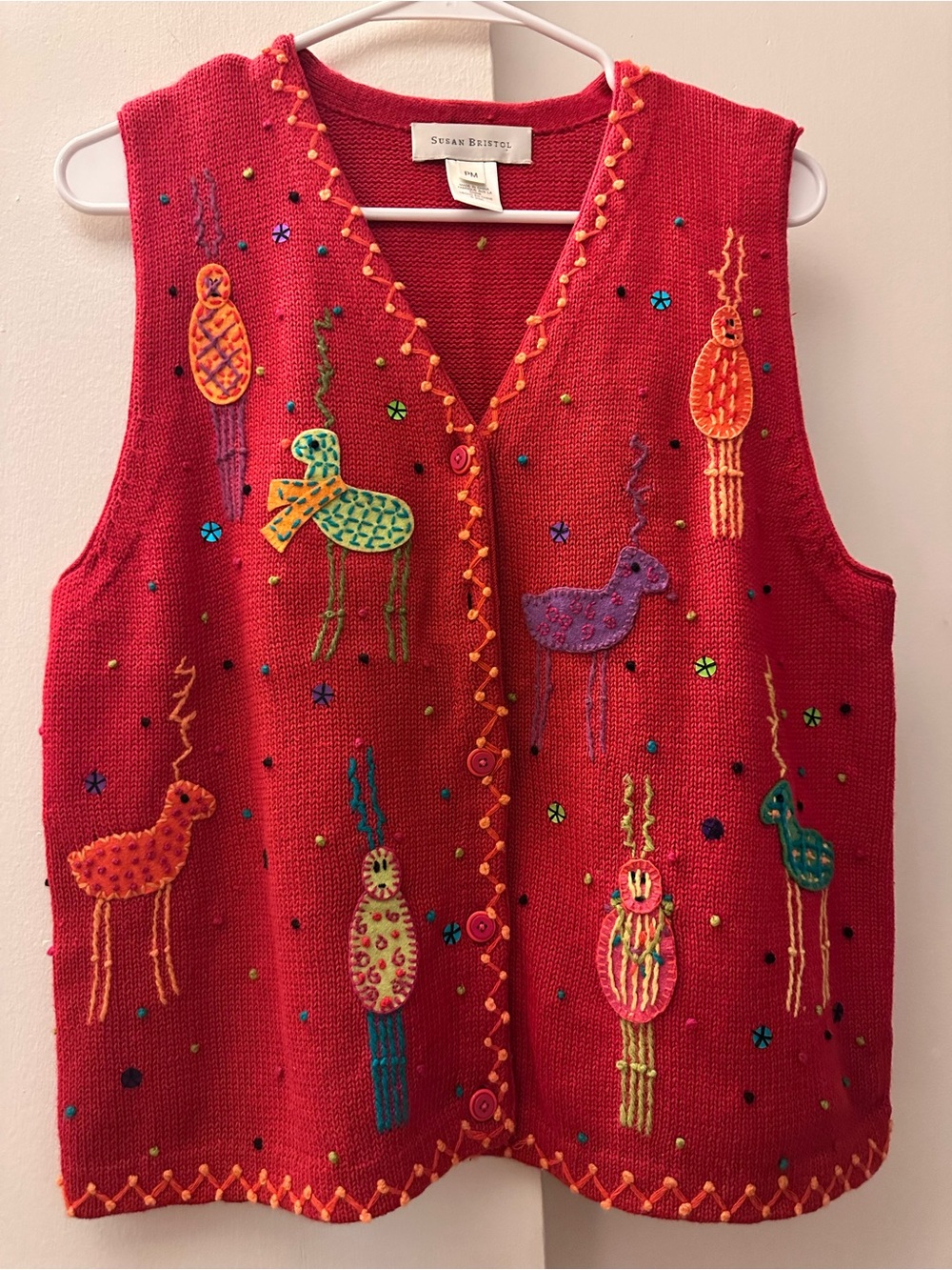 Vintage Y2K Susan Bristol Bright Red Embroidered Animal Motif Women’s Vest PM